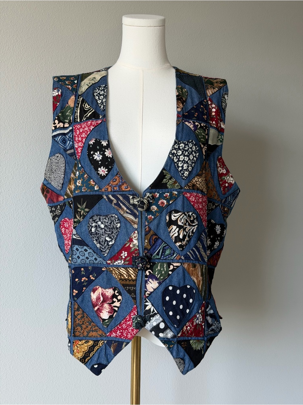 Soul Mates Vintage Patchwork Quilted V-Neck Vest Heart Print Boho Cottagecore L